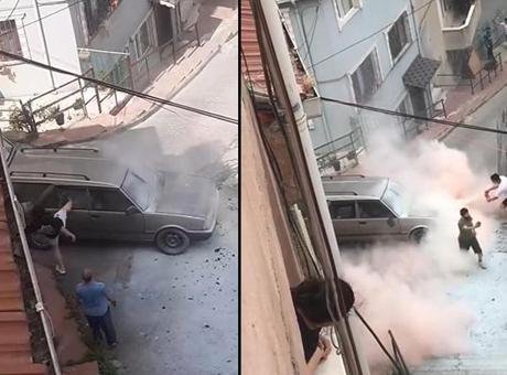 Aracı yanan sürücü öfkeden cam ve aynaları kırdı